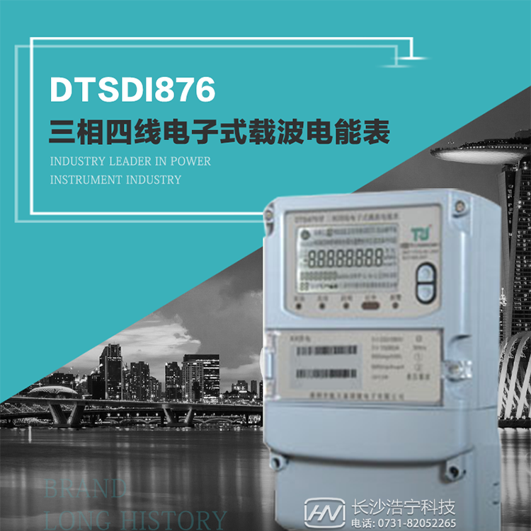 產品型號：DTSDI876 型三相四線電子式載波電能表
精度等級：有功1級,無功2級 
額定電壓： 3×100V 、 3×57.7/100V、 3×220/380V 
額定電流： 0.3(1.2)A～30(100)A 
頻 率： 50HZ 
工作溫度：-40℃～+70℃ 
顯示方式： 液晶 
整機功耗： 
重量： 約2.3kg 
外形尺寸： 265mm?170mm?75mm