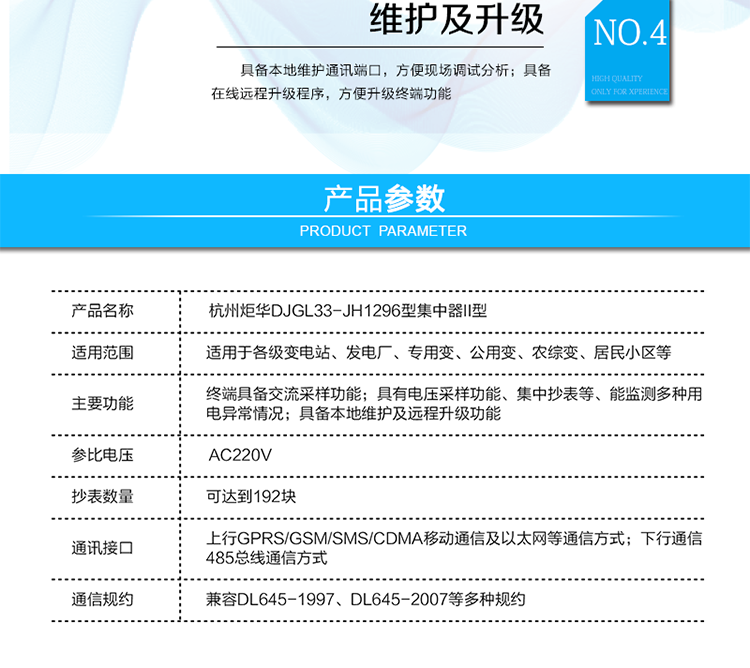 DJGL33-JH1296型集中器II型
產品標準
?Q/GDW 1373-2013 《電力用戶用電信息采集系統功能規范》
?Q/GDW 1374.2-2013《電力用戶用電信息采集系統技術規范 第二部分：集中抄表終端技術規范》
?Q/GDW 1375.2-2013《電力用戶用電信息采集系統技術規范 第二部分：集中器型式規范》
?Q/GDW 1376.1-2013《電力用戶用電信息采集系統通信協議 第一部分：主站與采集終端通信協議》