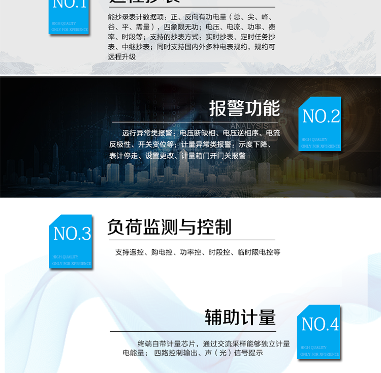 產品特點
遠程抄表：
能抄錄表計數據項：正、反向有功電量（總、尖、峰、谷、平、需量），四象限無功；
電壓、電流、功率、費率、時段等；
支持的抄表方式：實時抄表、定時任務抄表、中繼抄表；
同時支持國內外多種電表規約，規約可遠程升級；
用電現場檢測
遠行異常類報警：電壓斷缺相、電壓逆相序、電流反極性、開關變位等；
計量異常類報警：示度下降、表計停走、設置更改、計量箱門開門關報警；
負荷監測與控制
支持遙控、購電控、功率控、時段控、臨時限電控等；