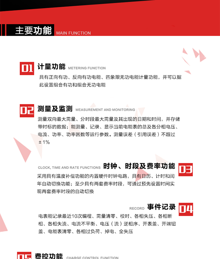 主要功能
1. 　電能計(jì)量
具有正向有功、反向有功電能、四象限無(wú)功電能計(jì)量功能，并可以據(jù)此設(shè)置組合有功和組合無(wú)功電能。
2. 　需量計(jì)量
測(cè)量雙向最大需量、分時(shí)段最大需量及其出現(xiàn)的日期和時(shí)間，并存儲(chǔ)帶時(shí)標(biāo)的數(shù)據(jù)。
3. 　測(cè)量及監(jiān)測(cè)
能測(cè)量、記錄、顯示當(dāng)前電能表的總及各分相電壓、電流、功率、功率因數(shù)等運(yùn)行參數(shù)。測(cè)量誤差（引用誤差）不超過(guò)±1%。
4. 　時(shí)鐘、時(shí)段及費(fèi)率功能
采用具有溫度補(bǔ)償功能的內(nèi)置硬件時(shí)鐘電路，具有日歷、計(jì)時(shí)和閏年自動(dòng)切換功能。內(nèi)部時(shí)鐘端子輸出頻率為1Hz。至少具有兩套費(fèi)率時(shí)段，可通過(guò)預(yù)先設(shè)置時(shí)間實(shí)現(xiàn)兩套費(fèi)率時(shí)段的自動(dòng)切換。每套費(fèi)率時(shí)段全年至少可設(shè)置2個(gè)時(shí)區(qū)，24小時(shí)內(nèi)至少可以設(shè)置8個(gè)時(shí)段，時(shí)段最小間隔為15分鐘，并且時(shí)段間隔大于表內(nèi)設(shè)定的需量周期值，時(shí)段可跨越零點(diǎn)設(shè)置。
5. 　費(fèi)控功能 
電能表費(fèi)控功能的實(shí)現(xiàn)方式通過(guò)公網(wǎng)等虛擬介質(zhì)和遠(yuǎn)程售電系統(tǒng)實(shí)現(xiàn)。
6. 　無(wú)線通信
通過(guò)無(wú)線通信與主站通信。支持在安全認(rèn)證前提下，通過(guò)無(wú)線網(wǎng)絡(luò)信道修改費(fèi)率時(shí)段表及電價(jià)。
7. 　事件記錄
電表能記錄最近10次編程、需量清零、校時(shí)、各相失壓、各相斷相、各相失流、電流不平衡、電壓（流）逆相序、開(kāi)表蓋、開(kāi)端鈕蓋、電能表清零、各相過(guò)負(fù)荷、掉電、全失壓。
8. 　凍結(jié)
具有定時(shí)凍結(jié)、瞬時(shí)凍結(jié)、約定凍結(jié)和日凍結(jié)功能。
9.　 負(fù)荷記錄
記錄正反向有功總電能、無(wú)功總電能、四象限無(wú)功總電能、組合有功、組合無(wú)功1、組合無(wú)功2，負(fù)荷記錄間隔時(shí)間可以在1～60min范圍內(nèi)設(shè)置，時(shí)間間隔為1min的情況下可記錄不少于40天的數(shù)據(jù)容量。
10. 　停電抄表
在停電狀態(tài)下，能通過(guò)按鍵或非接觸方式喚醒電能表，抄讀電能量等數(shù)據(jù)。
11. 擴(kuò)展功能
計(jì)量視在電能、諧波電壓、電流、電量的監(jiān)測(cè)、電能質(zhì)量監(jiān)測(cè)和計(jì)算鐵損、銅損。 