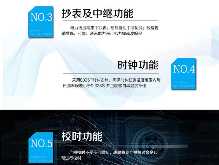 主要特點
1、有功電能計量精確，長期工作不需調校
2、電力線遠程集中抄表
3、相互自動中繼功能
4、數據傳輸準確、可靠、通訊能力強
5、電力線載波編程
6、采用8025T時鐘芯片，確保時鐘在寬溫度范圍內每日頻率誤差小于0.328S.并且能夠自動溫度補償。
7、廣播校時不受任何限制，表端收到廣播校時命令即可進行校時
8、月凍結：按照指定的時間凍結正向總電量，每個凍結量至少保存12次